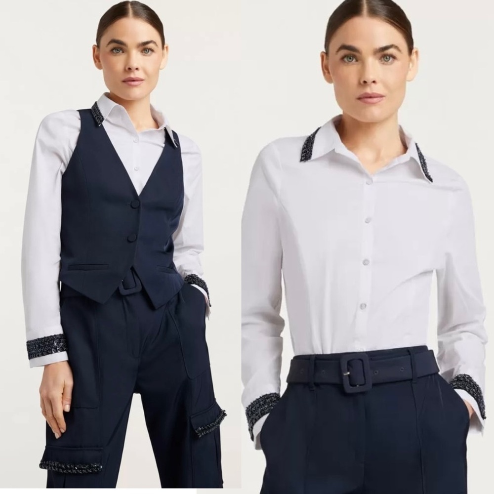 Cinq A Sept Ellery Embellished two-piece Button Down Blouse Vest Combo Top NEW